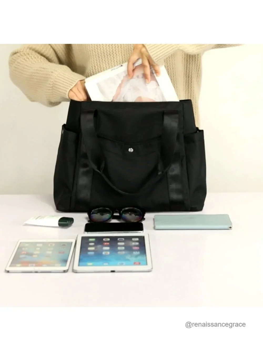 Women's Nylon Tote Shoulder Bag Multi-Pocket Shopper Handbag Large Capacity